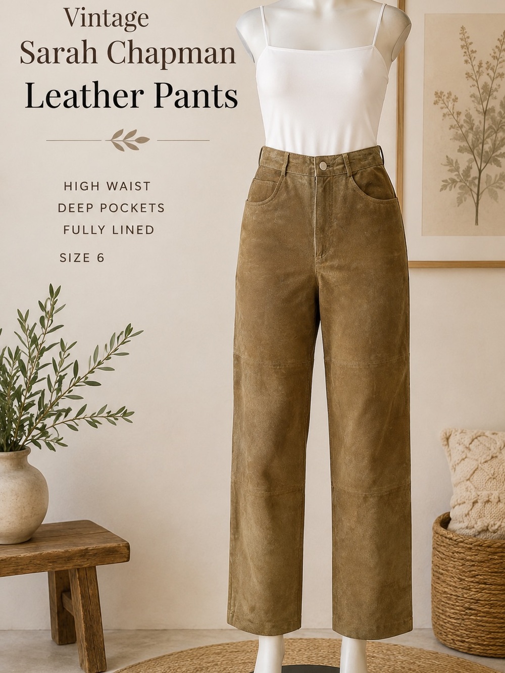 Vintage Sarah Chapman Genuine Leather Pants High Waist Lined Straight Leg Camel
